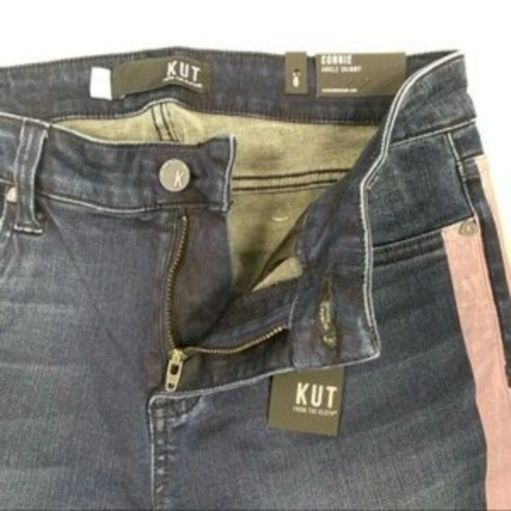 KUT from the Kloth Connie Ankle Skinny Jeans Blue W/ Pink Stripe Raw Hem Size 6